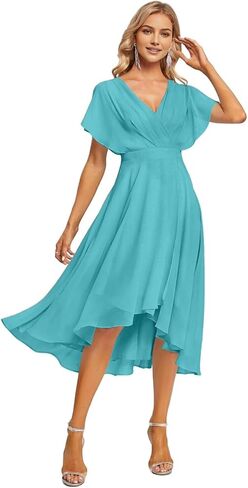 فساتين وصيفة العروس قصيرة من SNOWROSE للنساء برقبة على شكل V فستان رسمي من الشيفون مكشكش وأكمام مكشكشة لحفلات الزفاف in Kuwait