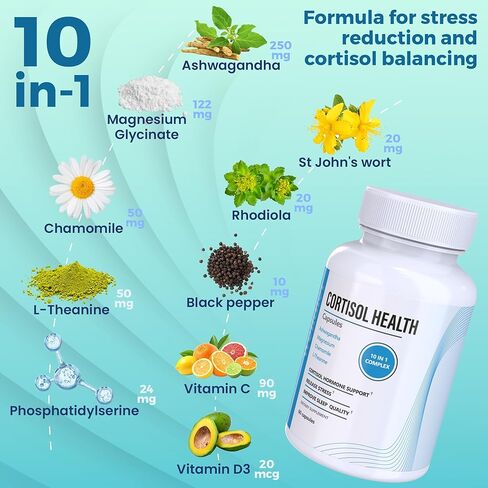 10-in-1 Cortisol Supplements with Magnesium, Ashwagandha, Chamomile, L-Theanine, St. John's Wort, Rhodiola, 60 Capsules, Cortisol Supplements For Women -& Men, Cortisol Reducer, High cortisol in Saudi Arabia