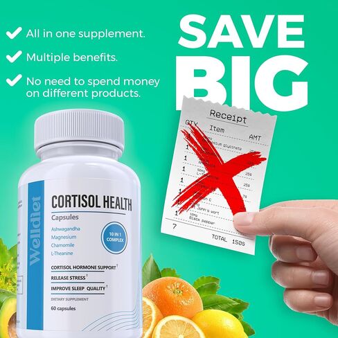 10-in-1 Cortisol Supplements with Magnesium, Ashwagandha, Chamomile, L-Theanine, St. John's Wort, Rhodiola, 60 Capsules, Cortisol Supplements For Women -& Men, Cortisol Reducer, High cortisol in Saudi Arabia