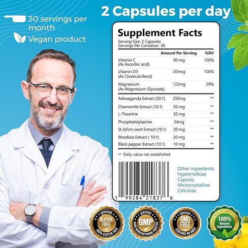 10-in-1 Cortisol Supplements with Magnesium, Ashwagandha, Chamomile, L-Theanine, St. John's Wort, Rhodiola, 60 Capsules, Cortisol Supplements For Women -& Men, Cortisol Reducer, High cortisol in Saudi Arabia
