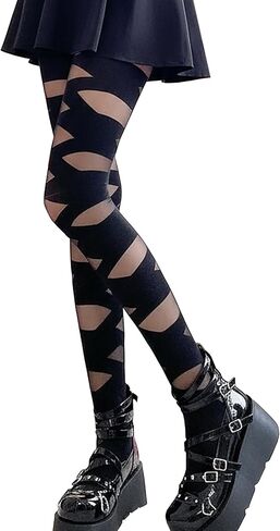 Mingnos Women's Sheer Striped Tights, Sheer and Opaque Cross Thick Bandaged Patterned Tights Funky Goth Pantyhose Stockings in Saudi Arabia