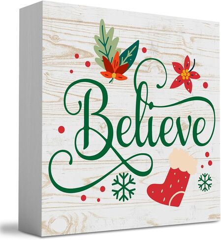 Motivational Believe Winter Merry Christmas Tree Wood Box Sign, Farmhouse Christmas Santa Artwork Decor, Wood Square Sign Desk Block Signs Home Shelf Office Decoration 5 x 5 Inches in Saudi Arabia