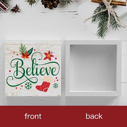 Motivational Believe Winter Merry Christmas Tree Wood Box Sign, Farmhouse Christmas Santa Artwork Decor, Wood Square Sign Desk Block Signs Home Shelf Office Decoration 5 x 5 Inches in Saudi Arabia