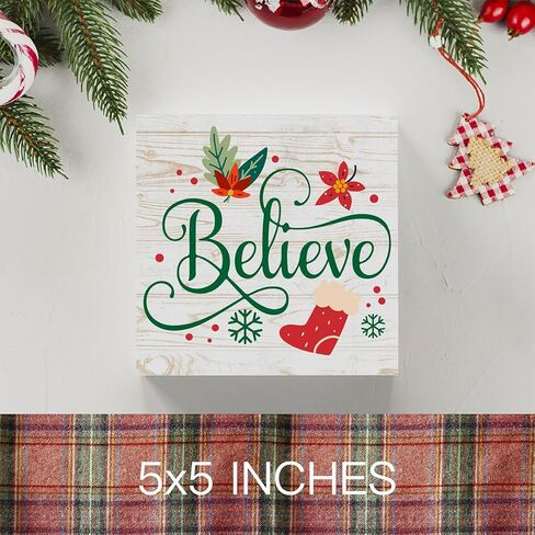 Motivational Believe Winter Merry Christmas Tree Wood Box Sign, Farmhouse Christmas Santa Artwork Decor, Wood Square Sign Desk Block Signs Home Shelf Office Decoration 5 x 5 Inches in Saudi Arabia