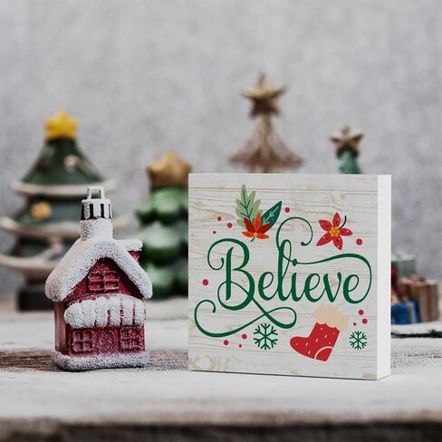 Motivational Believe Winter Merry Christmas Tree Wood Box Sign, Farmhouse Christmas Santa Artwork Decor, Wood Square Sign Desk Block Signs Home Shelf Office Decoration 5 x 5 Inches in Saudi Arabia