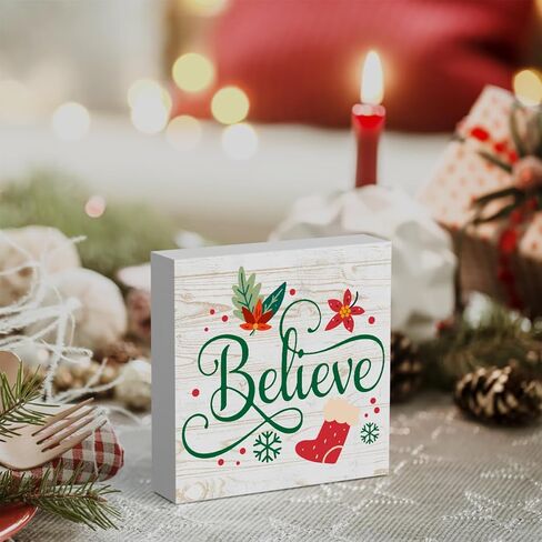 Motivational Believe Winter Merry Christmas Tree Wood Box Sign, Farmhouse Christmas Santa Artwork Decor, Wood Square Sign Desk Block Signs Home Shelf Office Decoration 5 x 5 Inches in Saudi Arabia