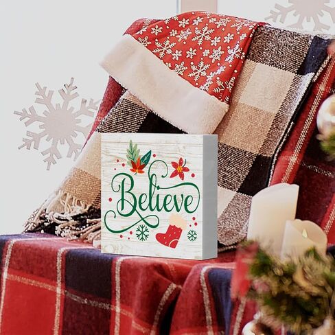 Motivational Believe Winter Merry Christmas Tree Wood Box Sign, Farmhouse Christmas Santa Artwork Decor, Wood Square Sign Desk Block Signs Home Shelf Office Decoration 5 x 5 Inches in Saudi Arabia