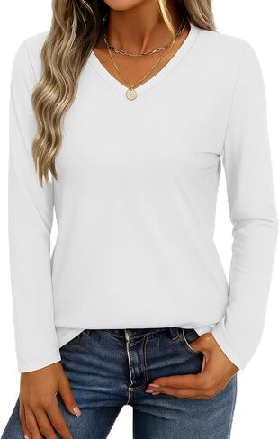 YUCOLEN Long Sleeve Shirts for Women Basic V Neck Cotton T-Shirts Soft Casual Spring Fall Shirts Tops for Women 2025 in Kuwait
