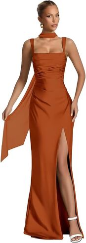 فساتين وصيفة العروس من الساتان من AlRXUNZ مع وشاح فستان رسمي طويل مشد حورية البحر ذو فتحة عالية للحفلات الراقصة in Kuwait