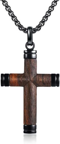 ROOCRYAN Wooden Cross Necklace for Men, Natural Ebony Wood with Black Stainless Steel, Mens Cross Necklace Adjustable 24-25 inch Box Chain in Saudi Arabia