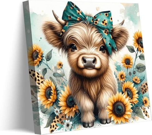 Cute Highland Cow Canvas Wall Art Amiable Sunflower Baby Calf Wall Decor Picture Rustic Farmhouse Wildlife Poster Print Painting for Bedroom Bathroom Baby Room Home Decoration Prepare To Hang in Saudi Arabia