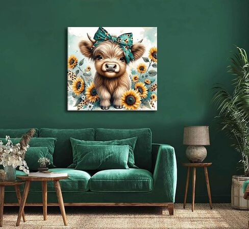 Cute Highland Cow Canvas Wall Art Amiable Sunflower Baby Calf Wall Decor Picture Rustic Farmhouse Wildlife Poster Print Painting for Bedroom Bathroom Baby Room Home Decoration Prepare To Hang in Saudi Arabia