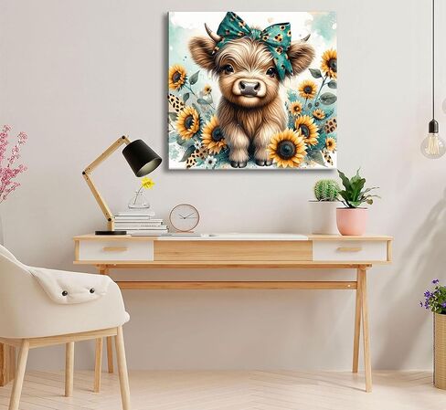 Cute Highland Cow Canvas Wall Art Amiable Sunflower Baby Calf Wall Decor Picture Rustic Farmhouse Wildlife Poster Print Painting for Bedroom Bathroom Baby Room Home Decoration Prepare To Hang in Saudi Arabia