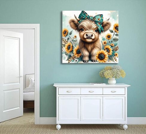 Cute Highland Cow Canvas Wall Art Amiable Sunflower Baby Calf Wall Decor Picture Rustic Farmhouse Wildlife Poster Print Painting for Bedroom Bathroom Baby Room Home Decoration Prepare To Hang in Saudi Arabia