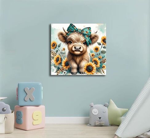 Cute Highland Cow Canvas Wall Art Amiable Sunflower Baby Calf Wall Decor Picture Rustic Farmhouse Wildlife Poster Print Painting for Bedroom Bathroom Baby Room Home Decoration Prepare To Hang in Saudi Arabia