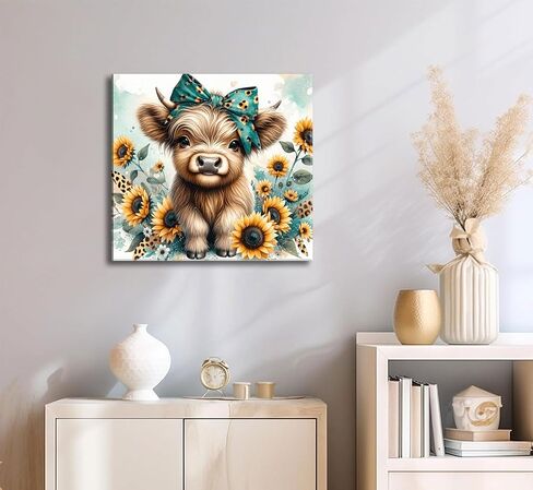 Cute Highland Cow Canvas Wall Art Amiable Sunflower Baby Calf Wall Decor Picture Rustic Farmhouse Wildlife Poster Print Painting for Bedroom Bathroom Baby Room Home Decoration Prepare To Hang in Saudi Arabia