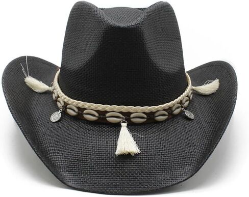 Western Cowboy Hat with Shell Band and Tassel, Straw Woven, Khaki Brown in Saudi Arabia