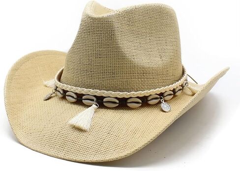 Western Cowboy Hat with Shell Band and Tassel, Straw Woven, Khaki Brown in Saudi Arabia