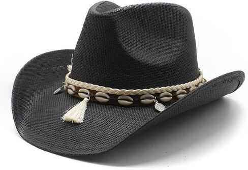 Western Cowboy Hat with Shell Band and Tassel, Straw Woven, Khaki Brown in Saudi Arabia