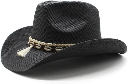 Western Cowboy Hat with Shell Band and Tassel, Straw Woven, Khaki Brown in Saudi Arabia