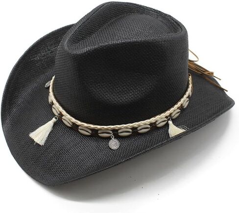 Western Cowboy Hat with Shell Band and Tassel, Straw Woven, Khaki Brown in Saudi Arabia