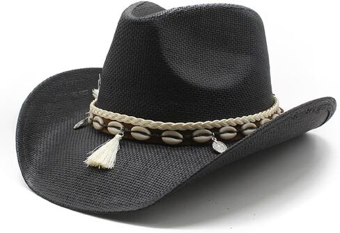 Western Cowboy Hat with Shell Band and Tassel, Straw Woven, Khaki Brown in Saudi Arabia