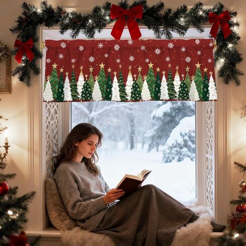 Cylanta Christmas Trees Valances for Windows 54x18 Inch Red Snowflakes Xmas Curtain Valance for Kitchen Bathroom Bedroom Living Room Decor in Kuwait