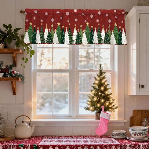 Cylanta Christmas Trees Valances for Windows 54x18 Inch Red Snowflakes Xmas Curtain Valance for Kitchen Bathroom Bedroom Living Room Decor in Kuwait