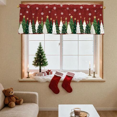 Cylanta Christmas Trees Valances for Windows 54x18 Inch Red Snowflakes Xmas Curtain Valance for Kitchen Bathroom Bedroom Living Room Decor in Kuwait