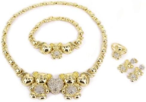 HUGS & KISSES Teddy Bear Necklace With Bracelet Earrings Ring - 18K Gold Filled Xo Necklace Set - I Love You Jewelry Set in Saudi Arabia