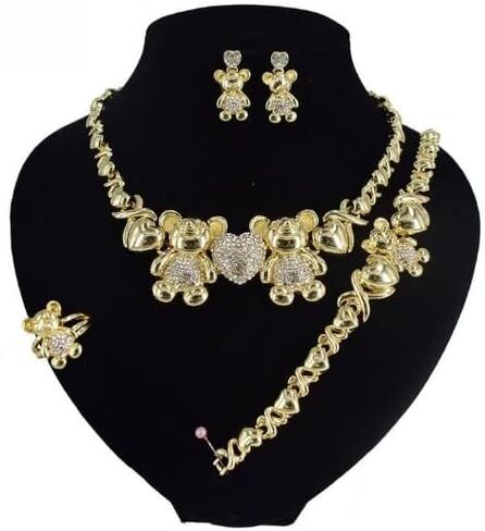 HUGS & KISSES Teddy Bear Necklace With Bracelet Earrings Ring - 18K Gold Filled Xo Necklace Set - I Love You Jewelry Set in Saudi Arabia