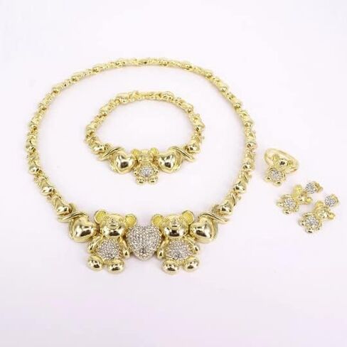 HUGS & KISSES Teddy Bear Necklace With Bracelet Earrings Ring - 18K Gold Filled Xo Necklace Set - I Love You Jewelry Set in Saudi Arabia