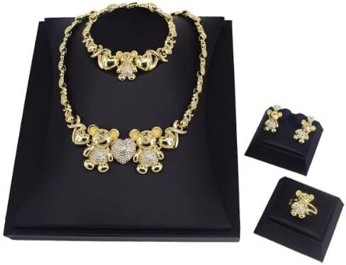 HUGS & KISSES Teddy Bear Necklace With Bracelet Earrings Ring - 18K Gold Filled Xo Necklace Set - I Love You Jewelry Set in Saudi Arabia