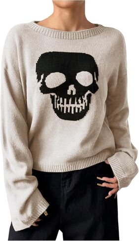 SHENHE Women's Skull Graphic Crew Neck Sweater Halloween Long Sleeve Knit Pullover Tops in Saudi Arabia