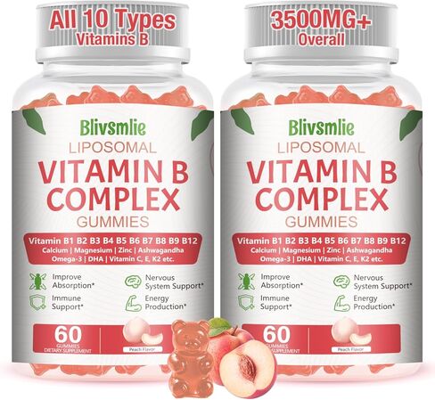 Blivsmlie 2 Pack 33-in-1 Liposomal Vitamin B Complex Gummies -B1، B2، B3، B4، B5، B6، B7، B8، B9، B12 | فيتامين C، D3، K2 | الكالسيوم، المغنيسيون، الزنك وما إلى ذلك للطاقة والدماغ والمناعة ودعم الجلد ودعم القلب in Kuwait