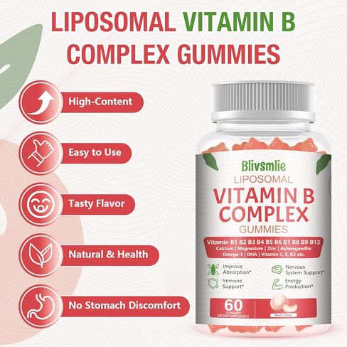 Blivsmlie 2 Pack 33-in-1 Liposomal Vitamin B Complex Gummies -B1، B2، B3، B4، B5، B6، B7، B8، B9، B12 | فيتامين C، D3، K2 | الكالسيوم، المغنيسيون، الزنك وما إلى ذلك للطاقة والدماغ والمناعة ودعم الجلد ودعم القلب in Kuwait