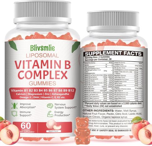 Blivsmlie 2 Pack 33-in-1 Liposomal Vitamin B Complex Gummies -B1, B2, B3, B4, B5, B6, B7, B8, B9,B12 | Vitamin C, D3,K2|Calcium,Magnesiun,Zinc etc.for Energy, Brain,Immune,Skin Support &Heart Support in Saudi Arabia