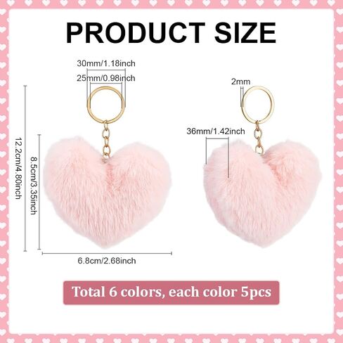 PH PandaHall 30pcs Large Heart Pom Pom Keychain 3.35" Valentine Faux Fur Keyring 6 Color Pompoms Bag Charms Fuzzy Love Key Chains for Backpack Purse Car Keys Christmas Party Favor Decoration in Saudi Arabia