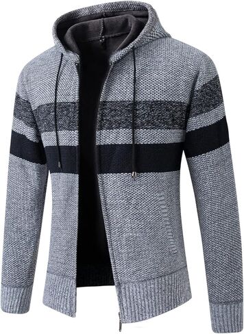 Lu's Chic Men's Full Zip Hoodie Winter Striped Knitted Long Sleeve Cardigan Sweater Slim Fit Hooded Sweatshirt Pockets in Saudi Arabia