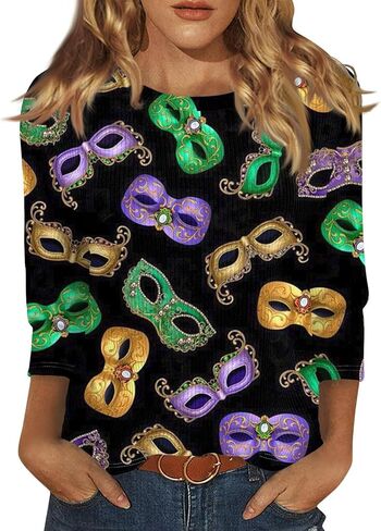 ovticza Funny Mardi Gras Shirts For Women Carnival Print Crew Neck Loose New Party Soft Comfy 2025 Tops in Saudi Arabia