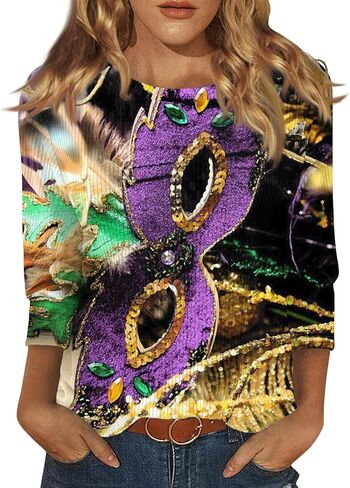ovticza Funny Mardi Gras Shirts For Women Carnival Print Crew Neck Loose New Party Soft Comfy 2025 Tops in Saudi Arabia