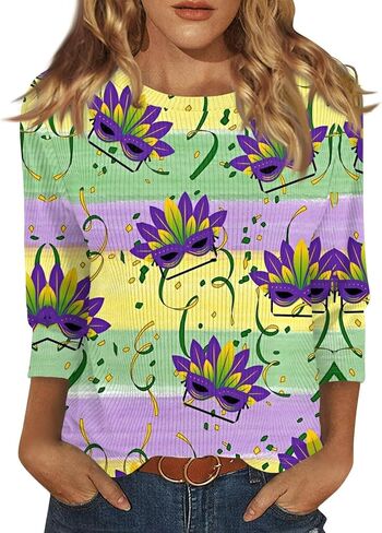 ovticza Funny Mardi Gras Shirts For Women Carnival Print Crew Neck Loose New Party Soft Comfy 2025 Tops in Saudi Arabia
