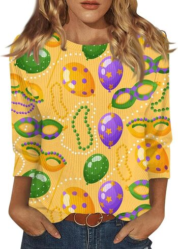 ovticza Funny Mardi Gras Shirts For Women Carnival Print Crew Neck Loose New Party Soft Comfy 2025 Tops in Saudi Arabia