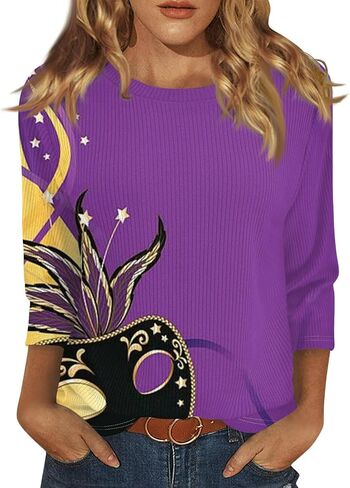 ovticza Funny Mardi Gras Shirts For Women Carnival Print Crew Neck Loose New Party Soft Comfy 2025 Tops in Saudi Arabia