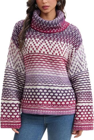 Froggirl Women’s Turtleneck Chunky Knit Sweater – Vintage Color Block Jacquard Pullover Warm Soft Oversized Jumper in Saudi Arabia