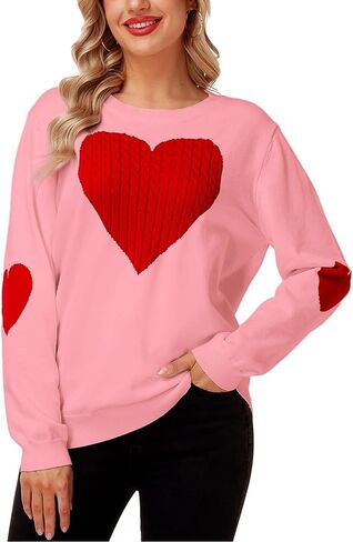 سترة Magrank النسائية اللطيفة على شكل قلب وأكمام طويلة ورقبة دائرية لعيد الحب بلوفر مضلع متماسك in Kuwait