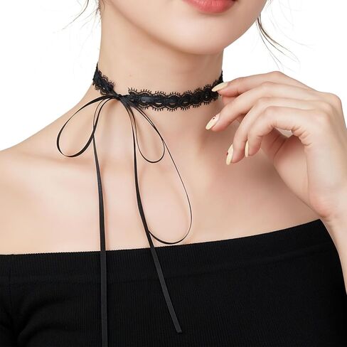 InnoHHustle Vintage Hollow Lace Choker Necklace, 2 PCS Black Tulle Lace Necklaces Long Satin Tail Tie Up Choker Necklaces Bow Tie Up Necklace for Striking Gothic Knot Prom Trendy Accessory Gifts in Saudi Arabia