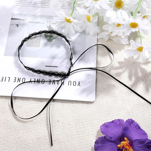 InnoHHustle Vintage Hollow Lace Choker Necklace, 2 PCS Black Tulle Lace Necklaces Long Satin Tail Tie Up Choker Necklaces Bow Tie Up Necklace for Striking Gothic Knot Prom Trendy Accessory Gifts in Saudi Arabia
