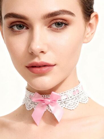 Bravace مثير القوس عقدة المختنق قلادة خمر الدانتيل طوق لطيف الوردي لوليتا القوطية تأثيري الشريط المختنق الرقبة مجوهرات للنساء Kawaii الملحقات in Kuwait