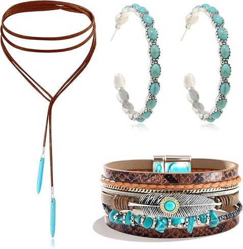 Turquoise Jewelry for Women Western Necklace Earrings Bracelet for Women Bohemian Turquoise Stone Cowgirl Jewelry Set Handmade Adjustable Choker with Leather Cord Birthday Jewelry Gifts Country Concert Cowgirl Outfits Boho Dresses for Women in Saudi Arabia
